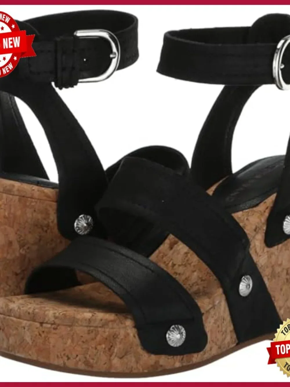 Studded Cork Wedge Sandals, Leather Upper, Ankle Strap, Casual Wear